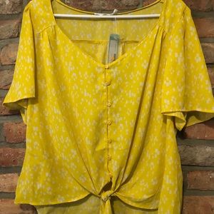 Yellow Short Sleeve Tie Blouse